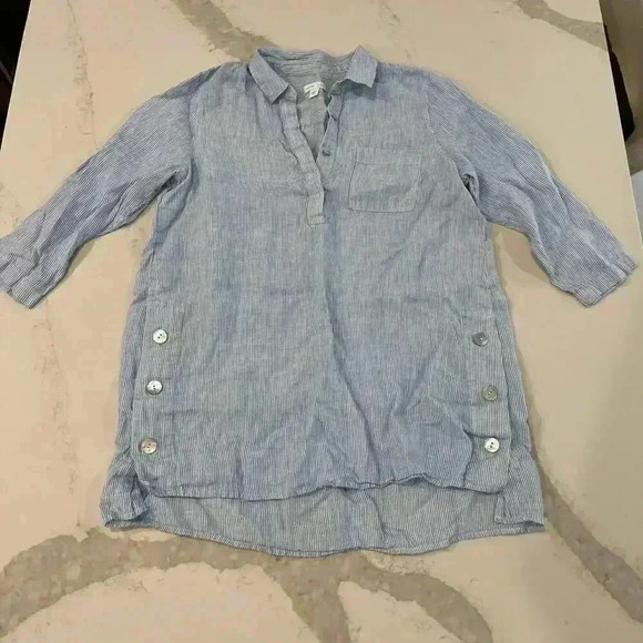 J. Jill Women's 100% Linen Tunic Top Size XS Blue White Stripes Side Buttons - Picture 1 of 4